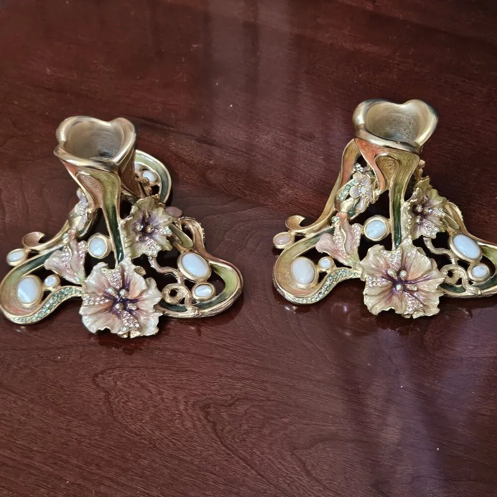RARE 2 JAY STRONGWATER FLORA & FAUNA BLUSH ENAMEL CRYSTAL TAPER CANDLE HOLDER